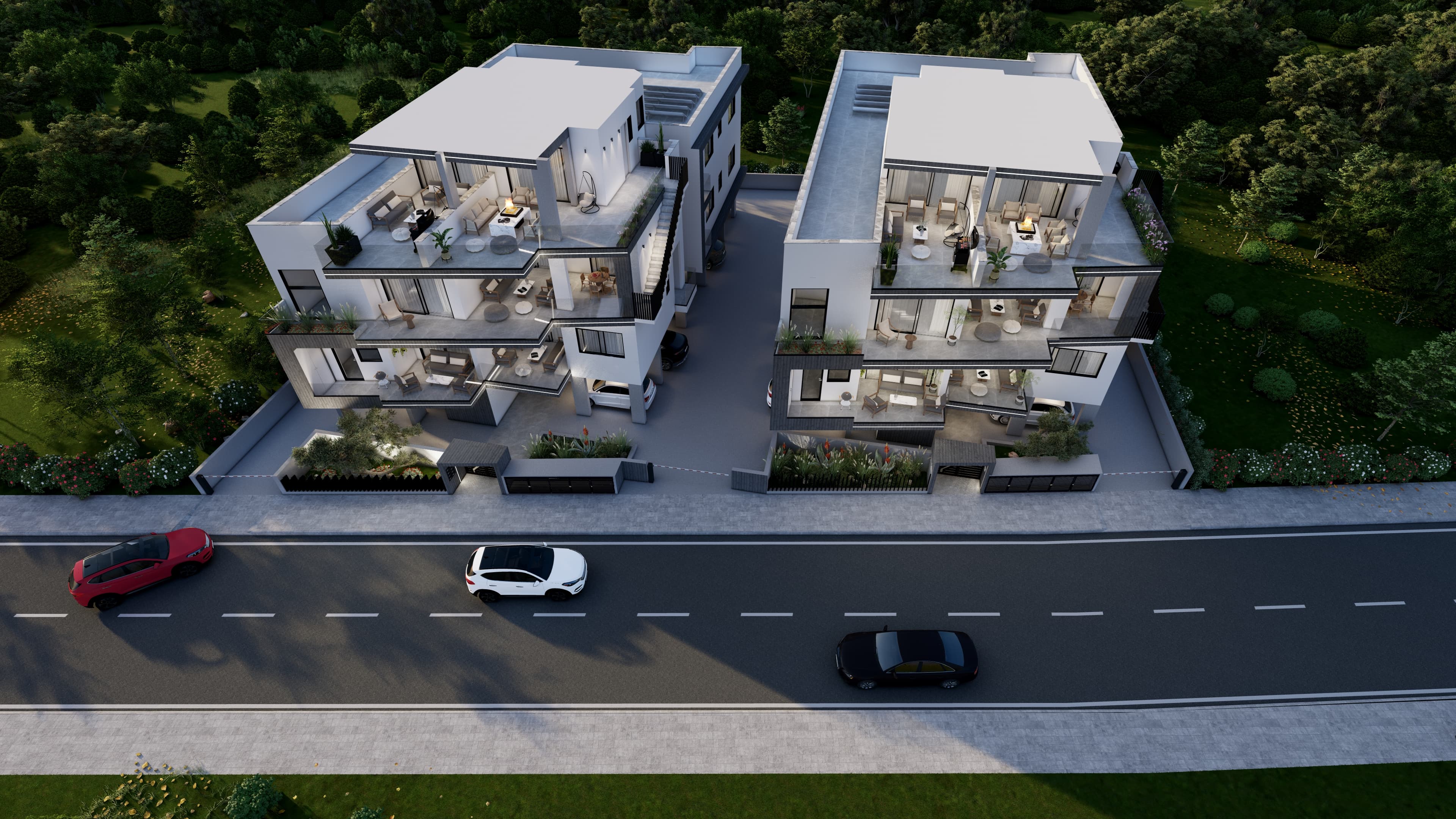 Elevated front view of both ERIVA buildings and terraces
