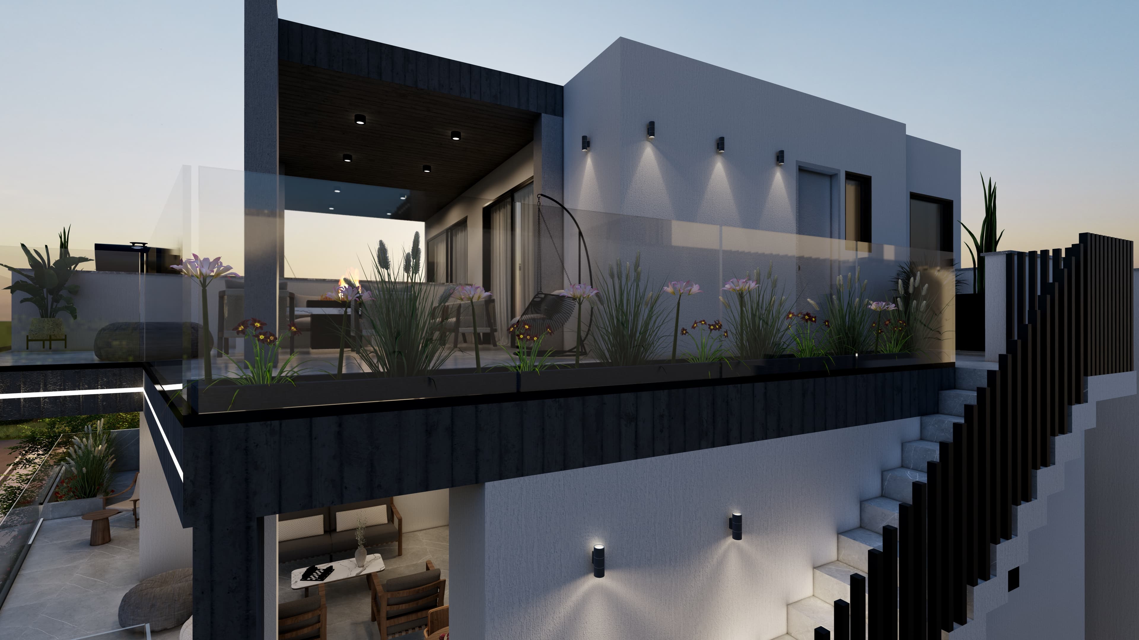 Terrace corner with planting and exterior lighting
